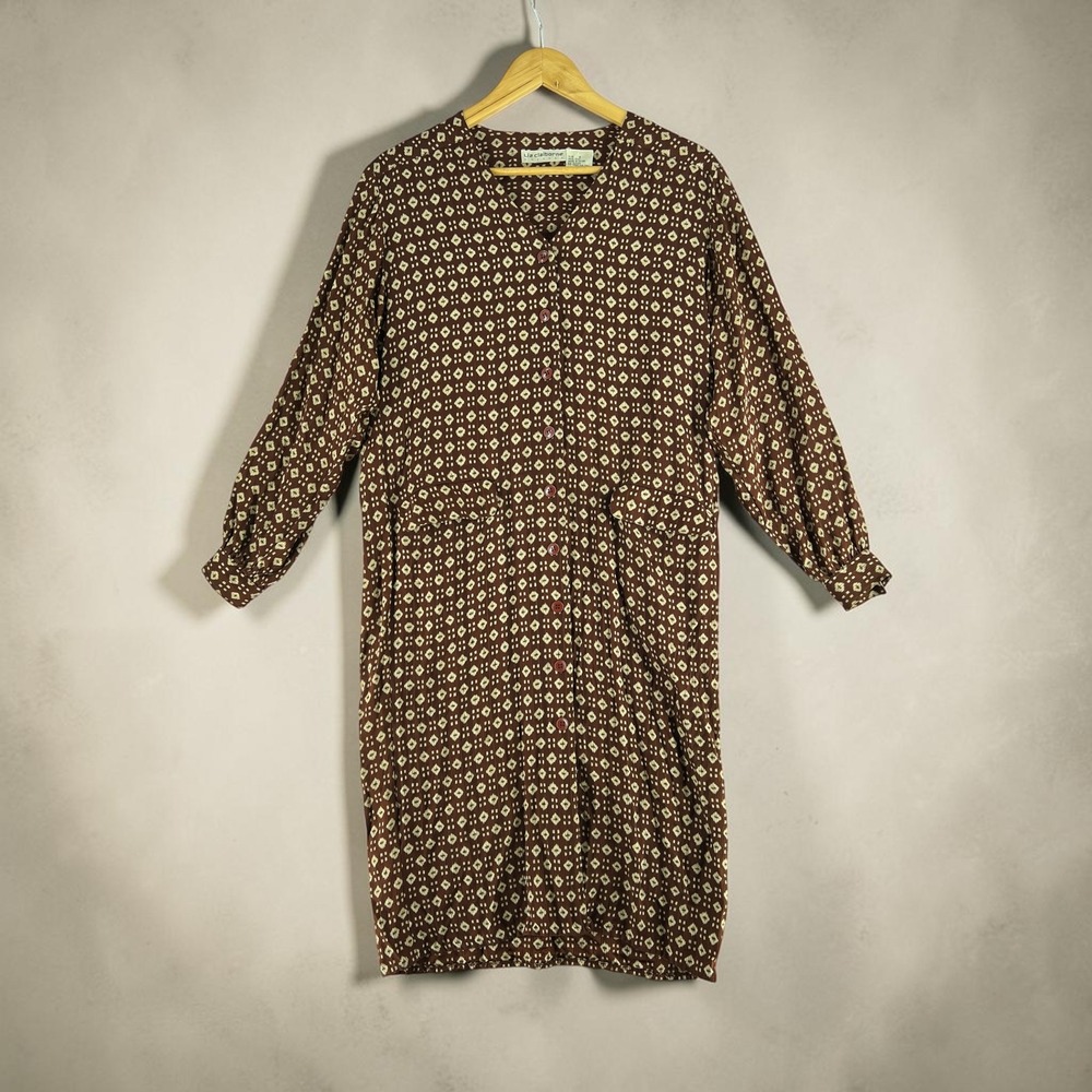 Vintage 90s Liz Claiborne Silk Shirt Dress Art Teacher Academia Brown Geometricโ